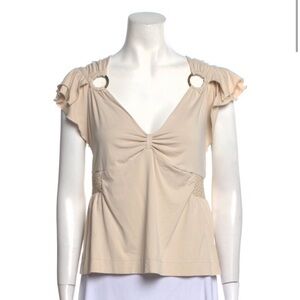 Just Cavalli Women’s Beige Short Sleeve V Neck Blouse Size 46